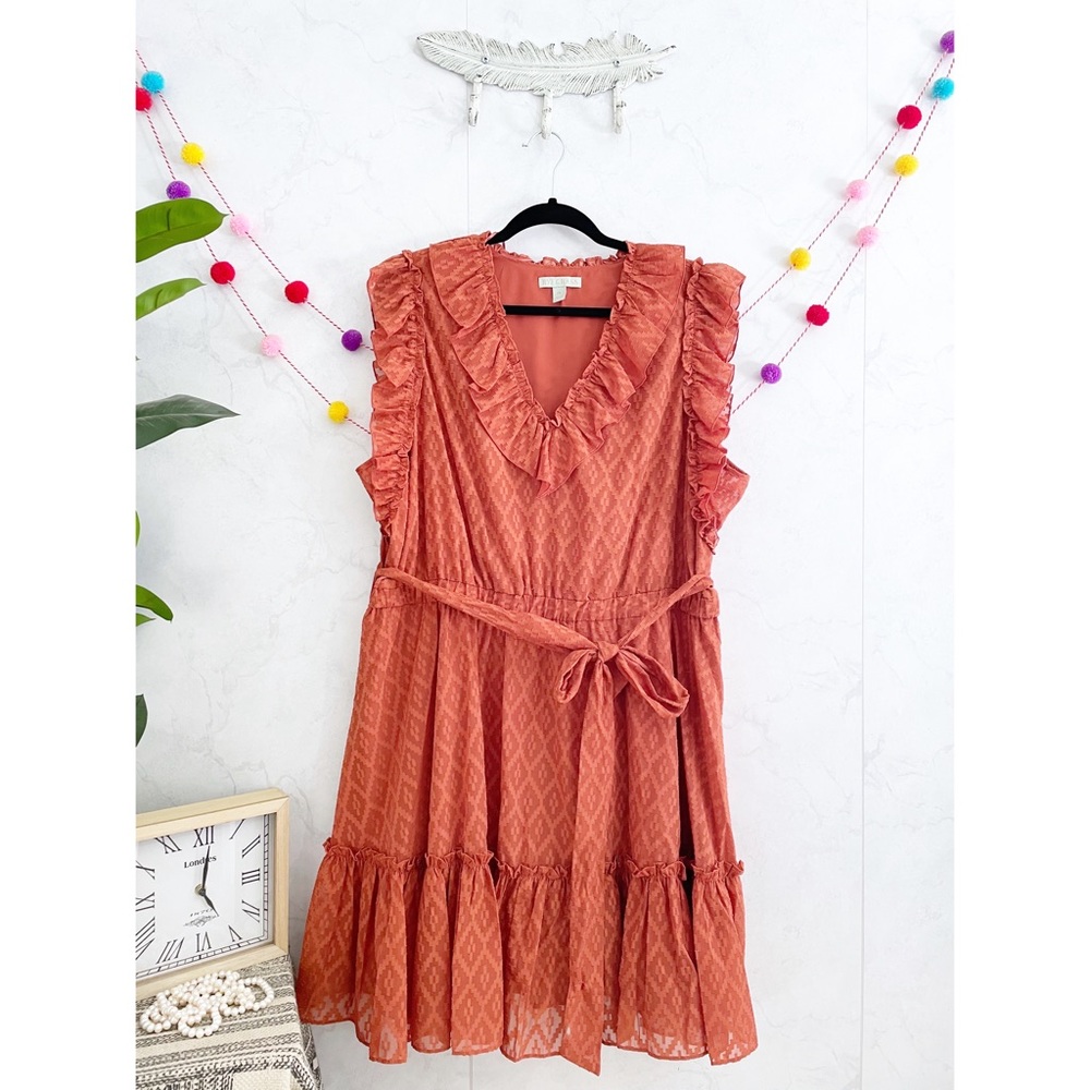 Rust Ruffle V-Neck Tiered Dress - Unbranded